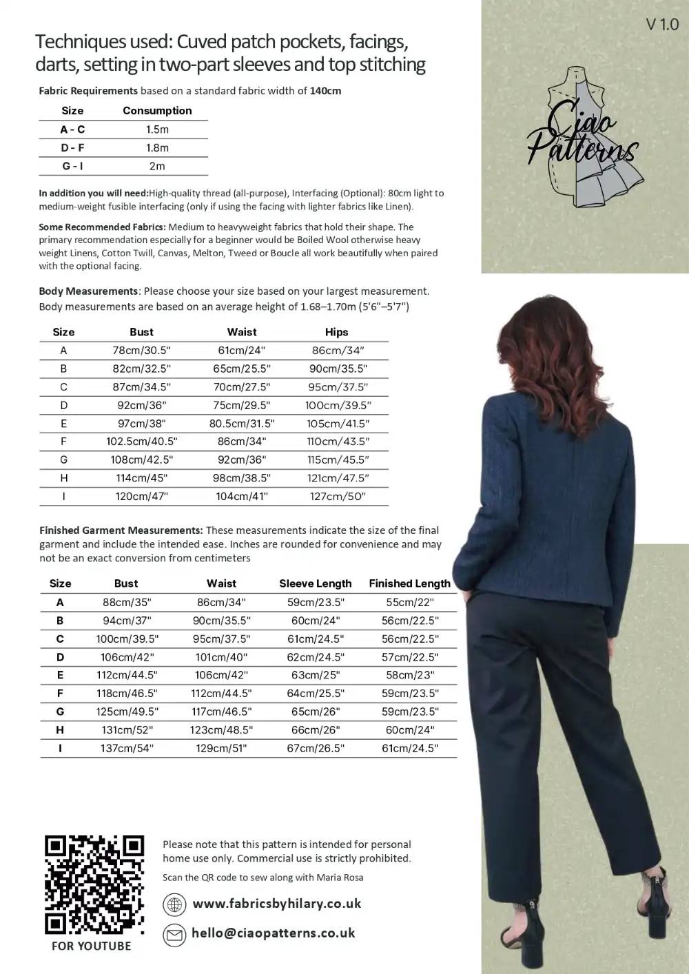Fabrics by Hilary - Ciao Giulia Pattern
