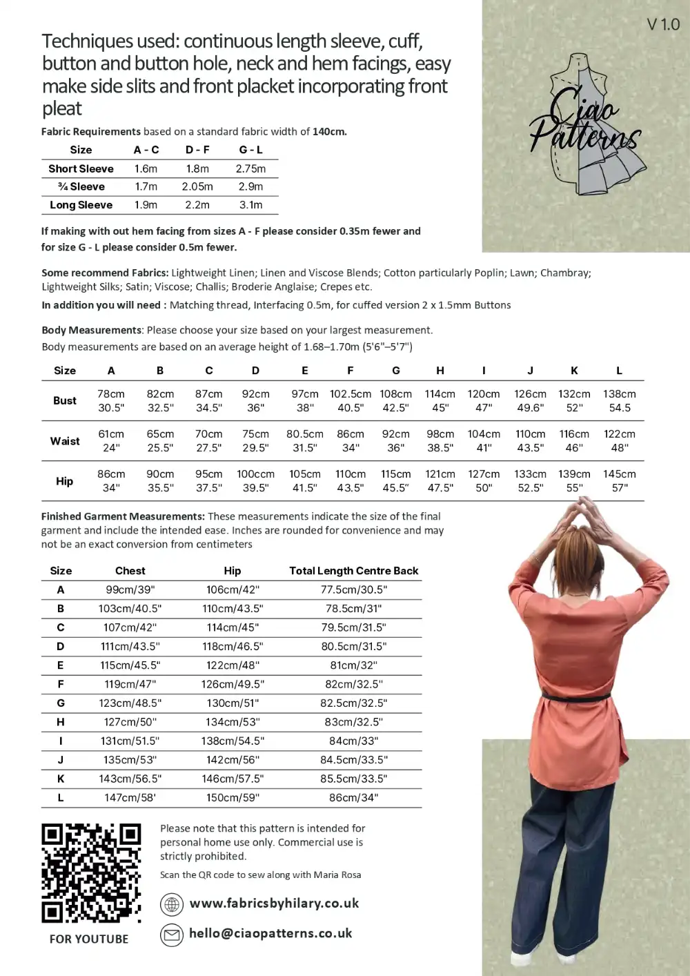 Fabrics by Hilary - Ciao Rita Pattern